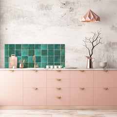 Toughened printed glass backsplash - Kitchen wall panel: Textures and tiles 1 Series Oxidized copper ornament: Green vintage ceramic tiles 3
