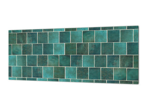 Toughened printed glass backsplash - Kitchen wall panel: Textures and tiles 1 Series Oxidized copper ornament: Green vintage ceramic tiles 1