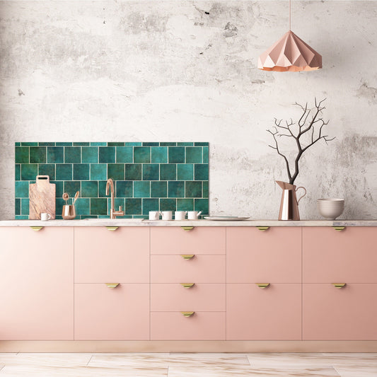 Toughened printed glass backsplash - Kitchen wall panel: Textures and tiles 1 Series Oxidized copper ornament: Green vintage ceramic tiles 1