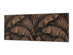 Stunning glass wall art - Wide format kitchen backsplash with and without metal back-coating - Tropical Leaves Series: Bronze banana leaves