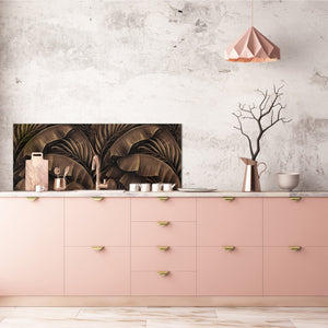Stunning glass wall art - Wide format kitchen backsplash with and without metal back-coating - Tropical Leaves Series: Bronze banana leaves