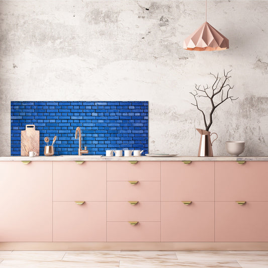 Toughened printed glass backsplash - Kitchen wall panel: Textures and tiles 1 Series Oxidized copper ornament: Blue brick background
