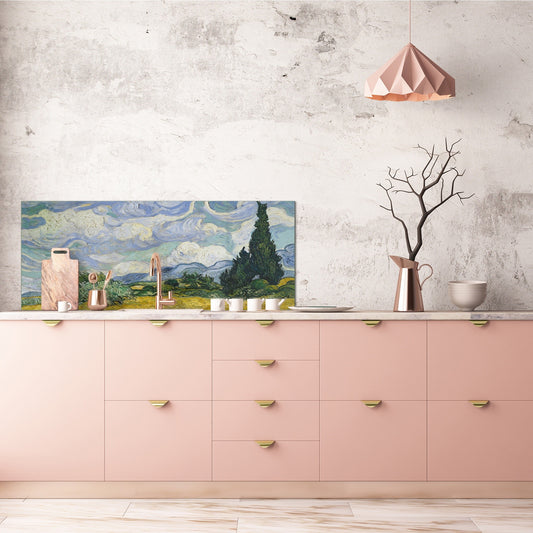 Toughened printed glass backsplash - Kitchen wall splashback will or without magnetic properties - Paintings Series: Wheat Field with Cypresses by Van Gogh