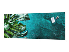 Stunning glass wall art - Wide format kitchen backsplash with and without metal back-coating - Tropical Leaves Series: Tropical leaves background