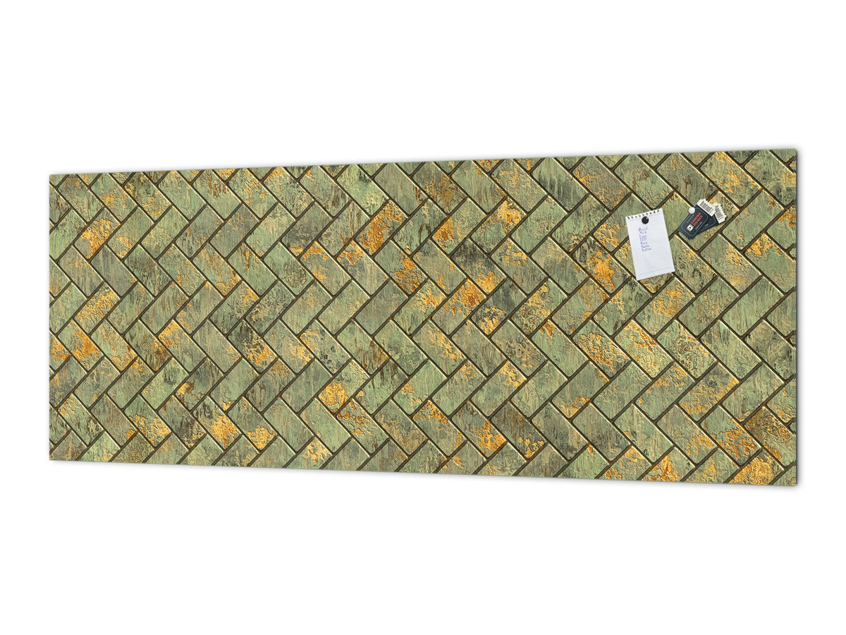 Salpicadero de vidrio templado impreso - Panel de pared de cocina: Texturas y azulejos Serie 1 Adorno de cobre oxidado: Pequeños azulejos dorados