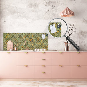 Toughened printed glass backsplash - Kitchen wall panel: Textures and tiles 1 Series Oxidized copper ornament: Tiny golden tiles