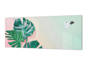 Stunning glass wall art - Wide format kitchen backsplash with and without metal back-coating - Tropical Leaves Series: Monstera on pink background