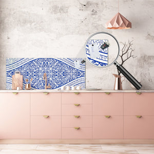 Printed glass horizontal splashback -  Tempered Glass Wall Panel Cities Series BBS22:  Vintage leaves and patterns Series: Blue Spanish mosaic