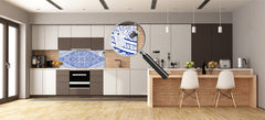 Printed glass horizontal splashback -  Tempered Glass Wall Panel Cities Series BBS22:  Vintage leaves and patterns Series: Blue Spanish mosaic