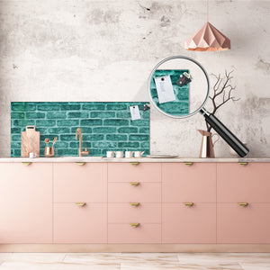 Toughened printed glass backsplash - Kitchen wall panel: Textures and tiles 1 Series Oxidized copper ornament: Green vintage brick