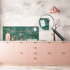 Toughened printed glass backsplash - Kitchen wall panel: Textures and tiles 1 Series Oxidized copper ornament: Green vintage ceramic tiles 2