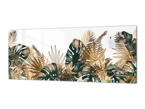 Stunning glass wall art - Wide format kitchen backsplash with and without metal back-coating - Tropical Leaves Series: Tropical pattern
