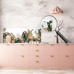 Stunning glass wall art - Wide format kitchen backsplash with and without metal back-coating - Tropical Leaves Series: Tropical pattern