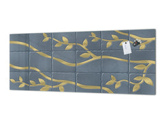 Toughened printed glass backsplash - Kitchen wall panel: Textures and tiles 1 Series Oxidized copper ornament: Golden branches on a blue background