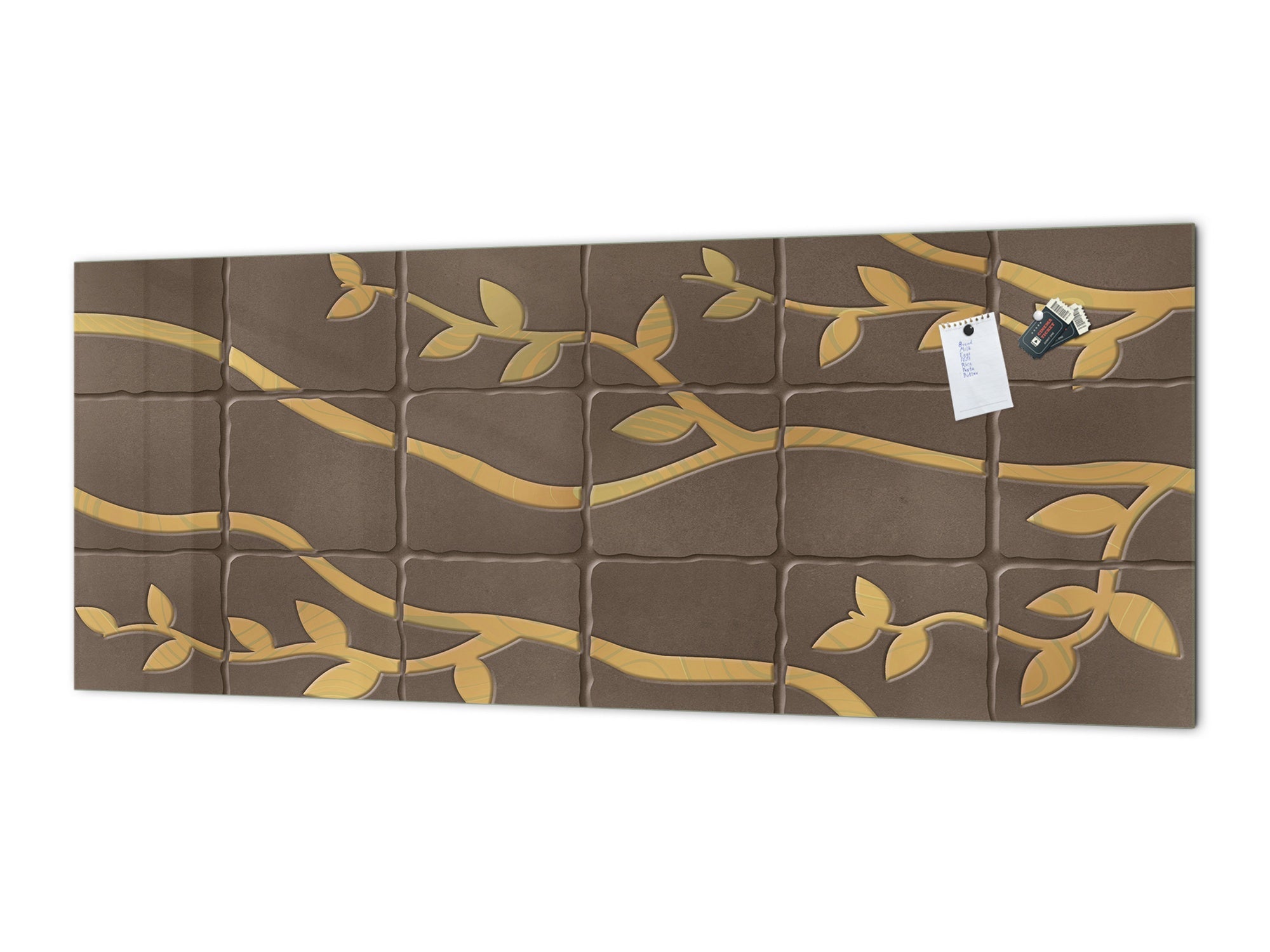 Toughened printed glass backsplash - Kitchen wall panel: Textures and tiles 1 Series Oxidized copper ornament: Golden branches on a brown background