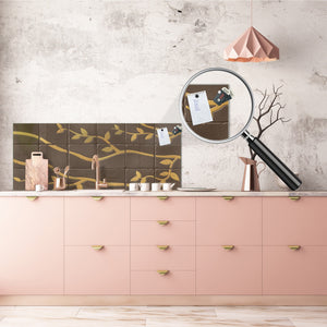 Toughened printed glass backsplash - Kitchen wall panel: Textures and tiles 1 Series Oxidized copper ornament: Golden branches on a brown background