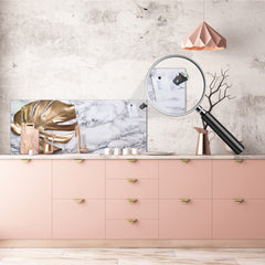 Stunning glass wall art - Wide format kitchen backsplash with and without metal back-coating - Tropical Leaves Series: Golden leaf on marble