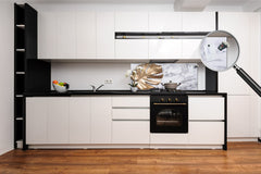 Stunning glass wall art - Wide format kitchen backsplash with and without metal back-coating - Tropical Leaves Series: Golden leaf on marble