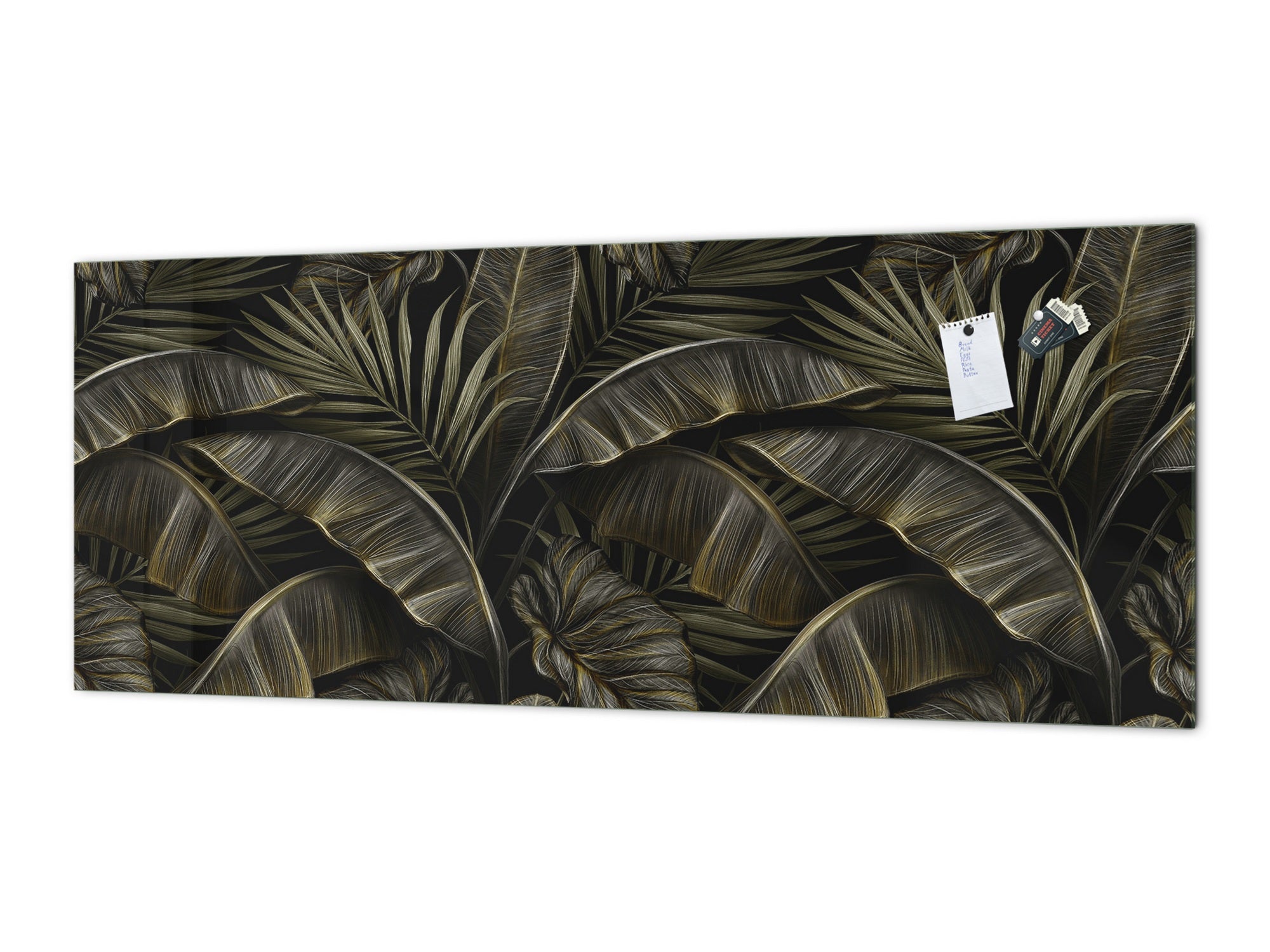 Stunning glass wall art - Wide format kitchen backsplash with and without metal back-coating - Tropical Leaves Series: Exotic pattern 1