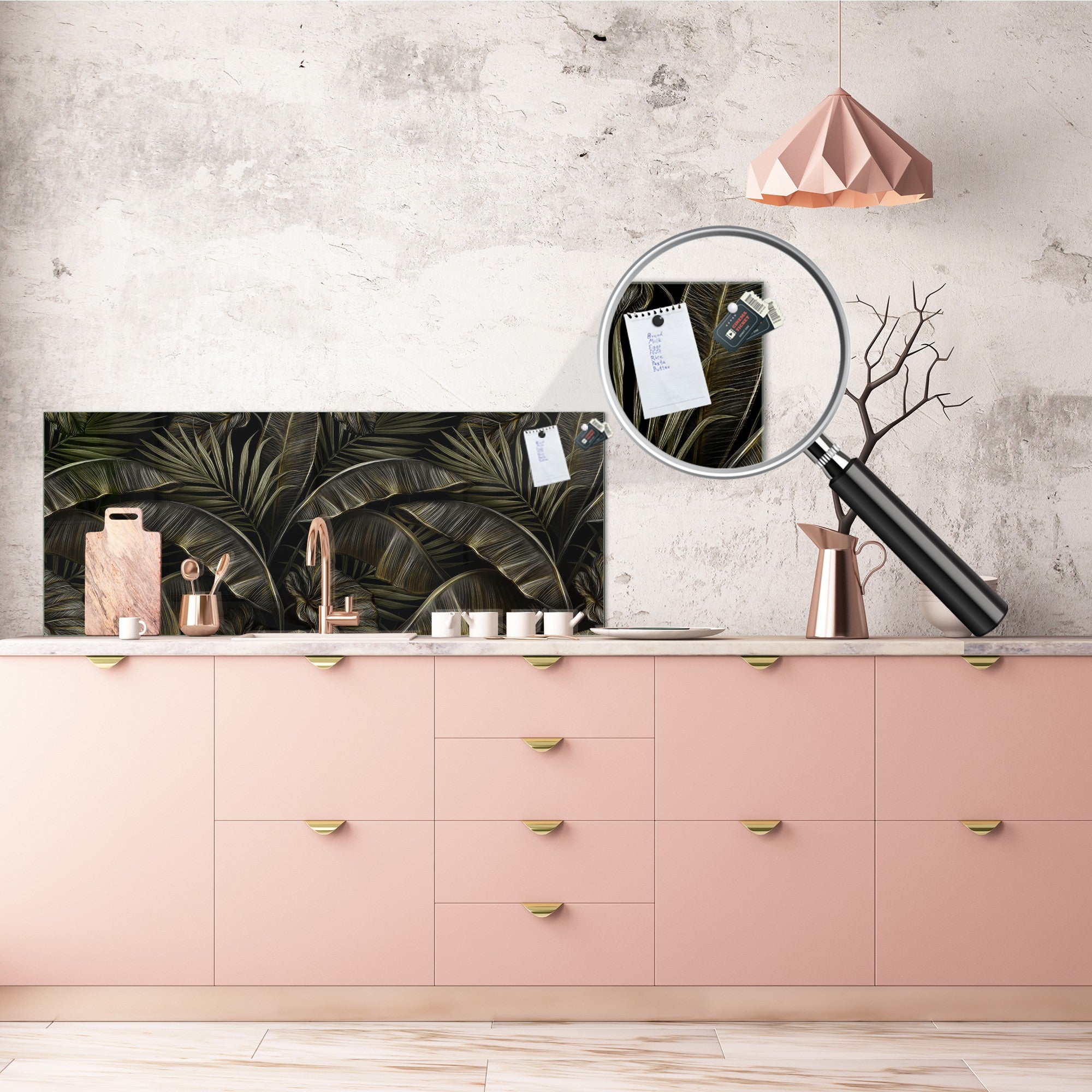 Stunning glass wall art - Wide format kitchen backsplash with and without metal back-coating - Tropical Leaves Series: Exotic pattern 1