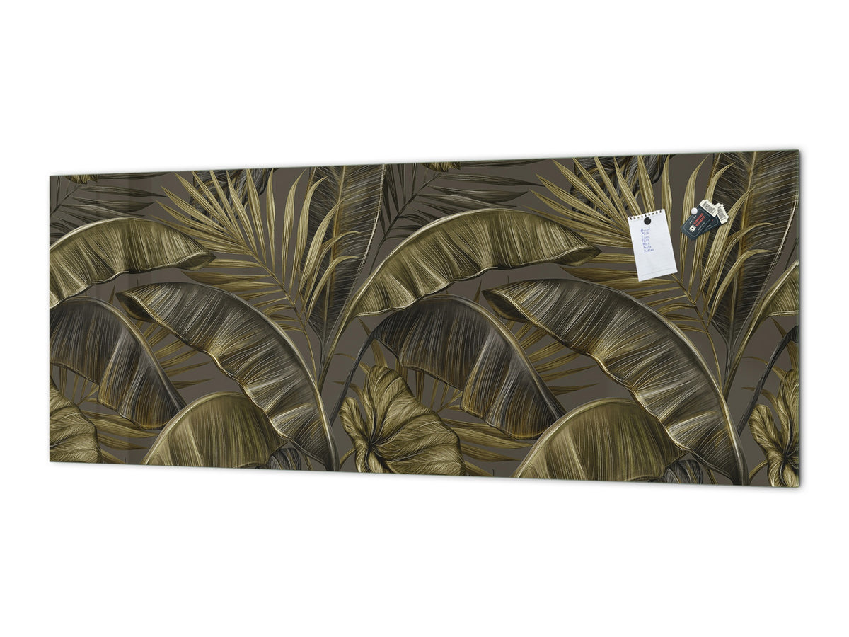 Impresionante arte de pared de vidrio - Salpicadero de cocina de gran formato con y sin revestimiento posterior de metal - Serie Hojas Tropicales: Hojas de plátano oscuras