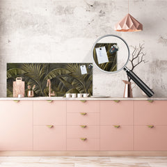 Stunning glass wall art - Wide format kitchen backsplash with and without metal back-coating - Tropical Leaves Series: Dark banana leaves