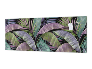 Stunning glass wall art - Wide format kitchen backsplash with and without metal back-coating - Tropical Leaves Series: Exotic pattern 2