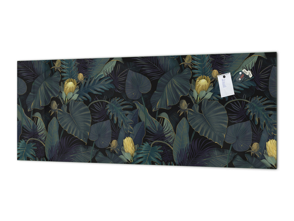 Stunning glass wall art - Wide format kitchen backsplash with and without metal back-coating - Tropical Leaves Series: Leafy wallpaper