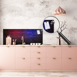Toughened printed glass backsplash - Kitchen wall panel: Textures and tiles 1 Series Oxidized copper ornament: Blue and pink neon wall
