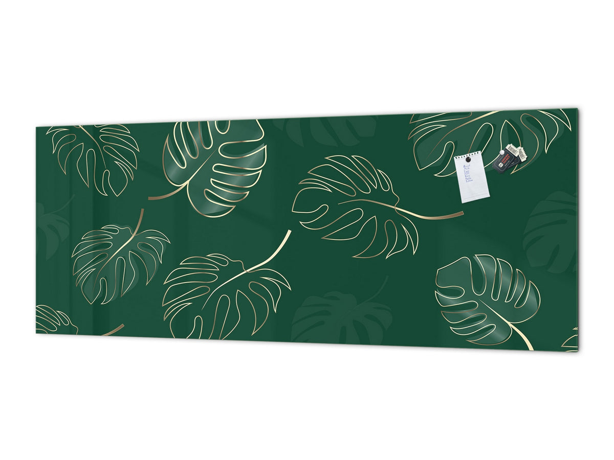 Stunning glass wall art - Wide format kitchen backsplash with and without metal back-coating - Tropical Leaves Series: Modern monstera leaves