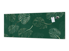 Stunning glass wall art - Wide format kitchen backsplash with and without metal back-coating - Tropical Leaves Series: Modern monstera leaves