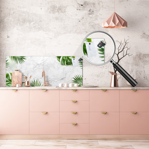 Stunning glass wall art - Wide format kitchen backsplash with and without metal back-coating - Tropical Leaves Series: Summer concept