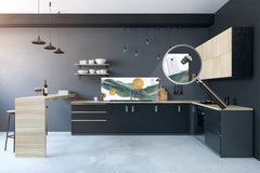 Printed glass horizontal splashback -  Tempered Glass Wall Panel Cities Series BBS22:  Vintage leaves and patterns Series: Gold abstract lines