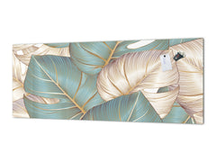 Stunning glass wall art - Wide format kitchen backsplash with and without metal back-coating - Tropical Leaves Series: Romantic monstera pattern