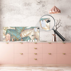 Stunning glass wall art - Wide format kitchen backsplash with and without metal back-coating - Tropical Leaves Series: Romantic monstera pattern