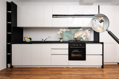 Stunning glass wall art - Wide format kitchen backsplash with and without metal back-coating - Tropical Leaves Series: Romantic monstera pattern