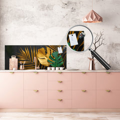 Stunning glass wall art - Wide format kitchen backsplash with and without metal back-coating - Tropical Leaves Series: Painted gold leaves