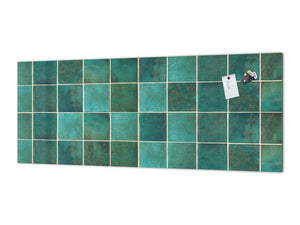Toughened printed glass backsplash - Kitchen wall panel: Textures and tiles 1 Series Oxidized copper ornament: Green vintage ceramic tiles 3