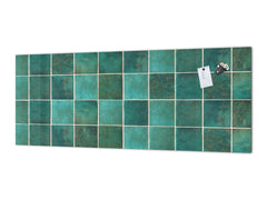 Toughened printed glass backsplash - Kitchen wall panel: Textures and tiles 1 Series Oxidized copper ornament: Green vintage ceramic tiles 3