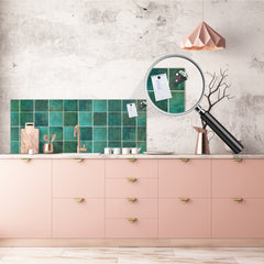 Toughened printed glass backsplash - Kitchen wall panel: Textures and tiles 1 Series Oxidized copper ornament: Green vintage ceramic tiles 3