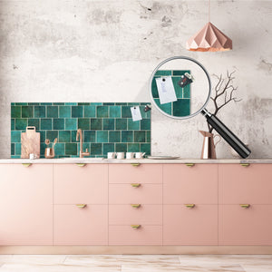 Toughened printed glass backsplash - Kitchen wall panel: Textures and tiles 1 Series Oxidized copper ornament: Green vintage ceramic tiles 1