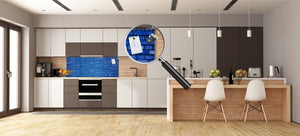 Toughened printed glass backsplash - Kitchen wall panel: Textures and tiles 1 Series Oxidized copper ornament: Blue brick background