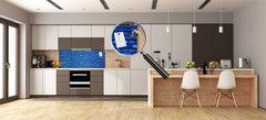 Toughened printed glass backsplash - Kitchen wall panel: Textures and tiles 1 Series Oxidized copper ornament: Blue brick background