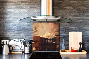 Paraschizzi in vetro temperato stampato – Paraspruzzi da cucina in vetro BS23 Serie cibo tradizionale europeo: Pentola con lardo