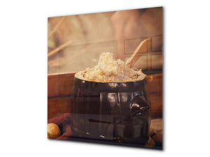 Paraschizzi in vetro temperato stampato – Paraspruzzi da cucina in vetro BS23 Serie cibo tradizionale europeo: Pentola con lardo