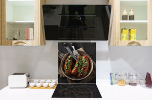 Paraschizzi in vetro temperato stampato – Paraspruzzi da cucina in vetro BS23 Serie cibo tradizionale europeo: Salsiccia alla griglia
