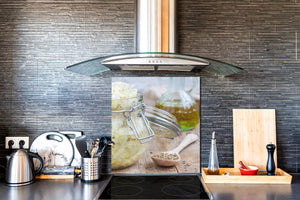 Magnifique antiprojections en verre imprimé – Panneau en verre de sécurité de cuisine BS23 Série nourriture traditionnelle européenne Lard dans un bocal