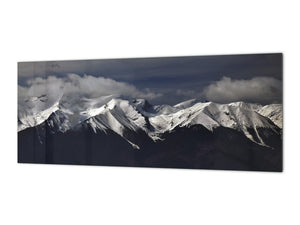 Wide-format glass kitchen panel with and w/o stainless steel metal back-coating: Pirin mountains in spring