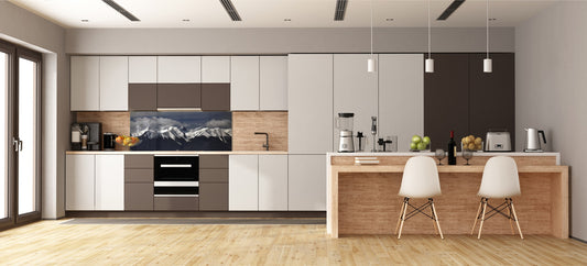 Wide-format glass kitchen panel with and w/o stainless steel metal back-coating: Pirin mountains in spring
