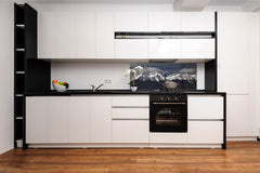 Wide-format glass kitchen panel with and w/o stainless steel metal back-coating: Pirin mountains in spring